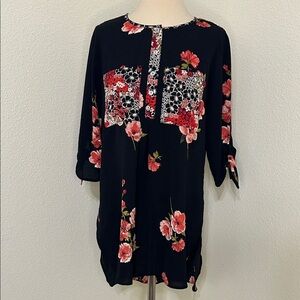 Fig & Flower Floral Black Red Tunic Top Size S Small 3/4 Tie Sleeves